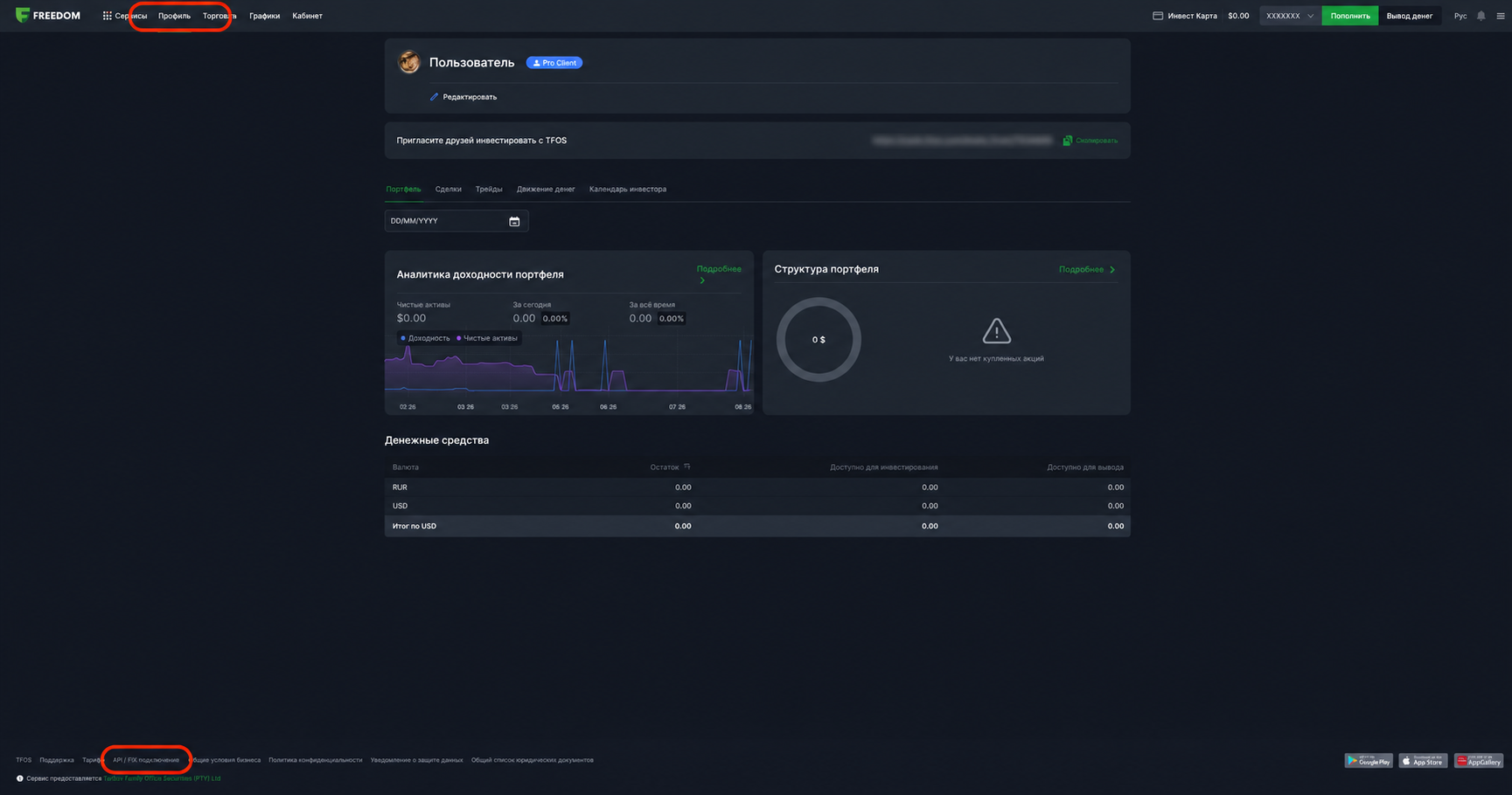 Шаг 1: ссылка API и FIX-подключение в кабинете Tradernet